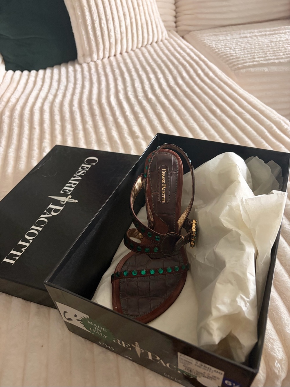 Cesare Paciotti Brown Leather Slingback Heels with Emerald Stones - Picture 2 of 5